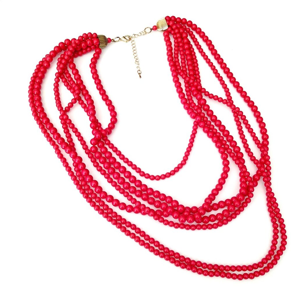 Long 7 strand layered red beaded necklace - Picture 9 of 10